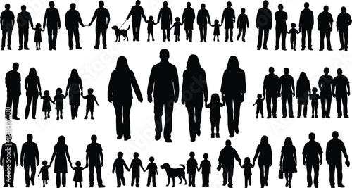 Silhouette of diverse crowd of people and pets in various poses and sizes on white background
