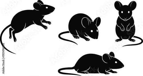 Mouse silhouette vector set, black rodent illustrations, minimalist animal icons, wildlife design, cute mouse poses, isolated graphic collection for branding