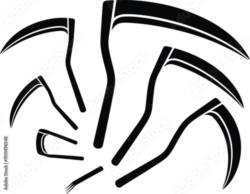Scythe silhouette vector set, black farming tools collection, agricultural equipment icons, vintage harvest blades, minimalist illustration design