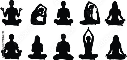 Yoga poses silhouette illustration featuring various meditation and exercise stances on white background