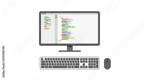 Flat lay of a computer monitor with colorful code on screen
