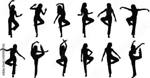 Silhouette of multiple dancers in various ballet poses on white background