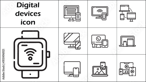 Digital devices icon set with wifi smartwatch tablet laptop and tech symbols flat design vector illustration