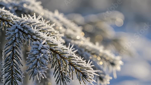 Sparkling frosted pine branches in a sunny winter forest close-up.