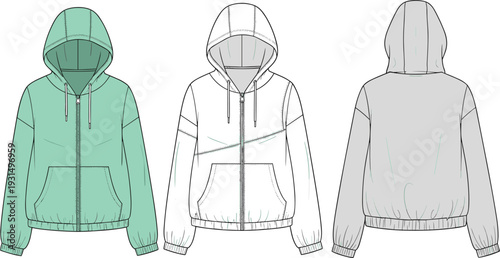 Technical drawing of athletic drawstring shorts vector showing front, back, and side views for fashion design, sports apparel, and garment production.