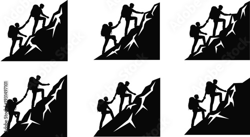 Teamwork silhouettes, mountain climbing, helping hand, hiking partners, adventure support, outdoor cooperation, teamwork concept