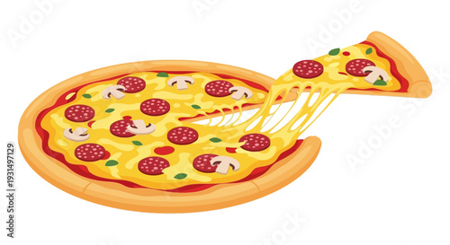 Vector illustration of a cheesy pepperoni pizza slice being lifted