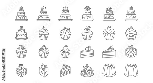 a collection of line art dessert icons featuring various cakes cupcakes and pastries perfect for bakery menus or celebration designs.