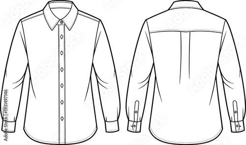 Men long sleeve button down shirt cad drawing, front and back view flat vector illustration detailed clothing template