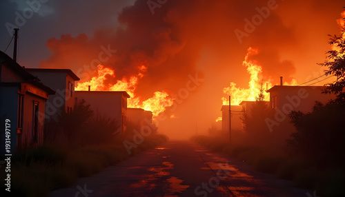 Intense Fire Burning Over Residential Area at Night with Thick Smoke and Bright Flames