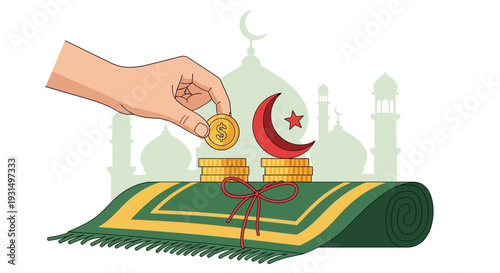 Hand placing coins on prayer mat with crescent moon and star symbol in serene mosque background illustration