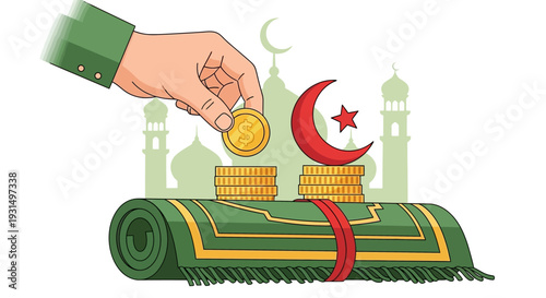 Hand placing coin on prayer rug with crescent moon and star symbol