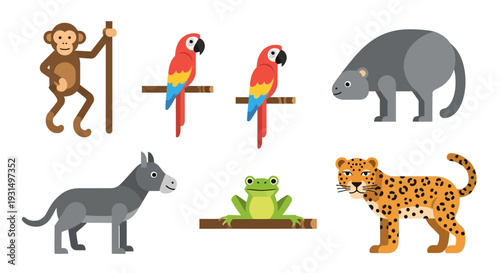 Colorful vector illustration of various cartoon animals on white background