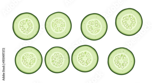 Cucumber slices arranged in a seamless pattern on white background