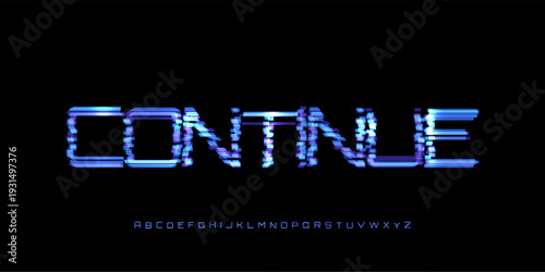 Continue Digital Noice Font Logo Alphabet Vector Glitch Letters Set Modern Typography, Creative Typographic Design for Play Button, Game UI Headline, Display Fonts. Vector Typeface