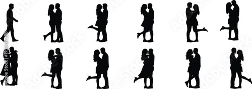 Romantic couple silhouettes set isolated on white background, loving man and woman hugging and kissing collection vector illustration for Valentine design