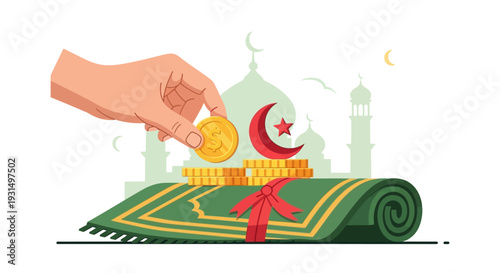 Hand placing coin on prayer mat with Algerian flag in a serene mosque environment from a gentle overhead viewpoint