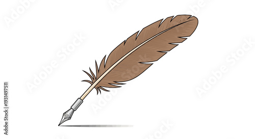Illustration of a Vintage Quill Pen with Feather on White Background