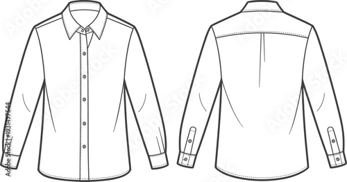 Men long sleeve formal shirt cad drawing, front and back view flat vector illustration detailed apparel template