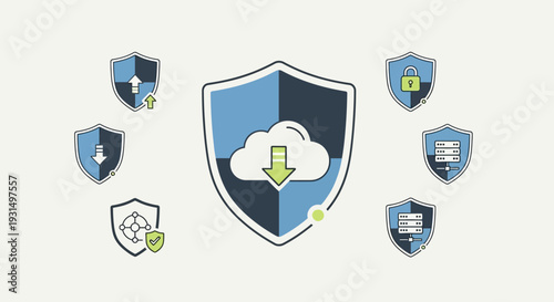 Central shield icon with cloud download surrounded by various security icons in a digital illustration