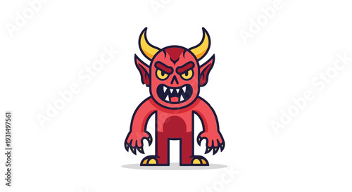 Cartoon red devil character with horns on white background