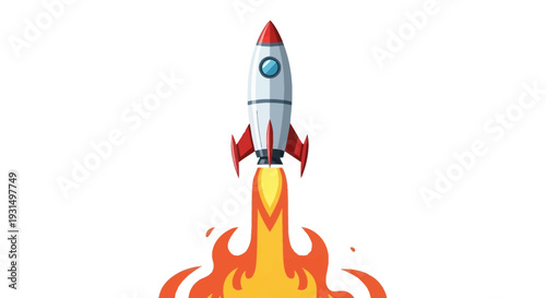 Cartoon rocket launching with flames on white background