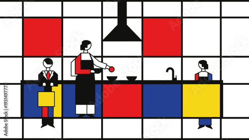 a family cooking and cleaning in a geometric kitchen rendered in the iconic abstract de stijl art style great for design.