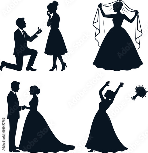 Wedding proposal and celebration silhouettes on white background, romantic couple moments