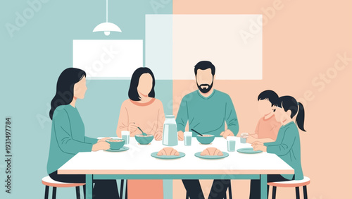 a family enjoys a healthy breakfast together at a modern dining table illustrating morning rituals and togetherness.