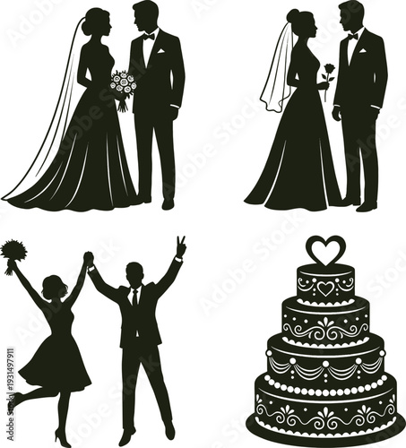 Wedding celebration silhouettes with bride groom and decorated cake