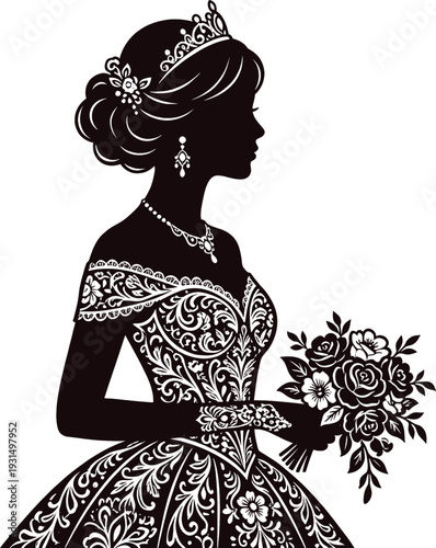 Elegant wedding princess bride in silhouette with floral bouquet and tiara on white background