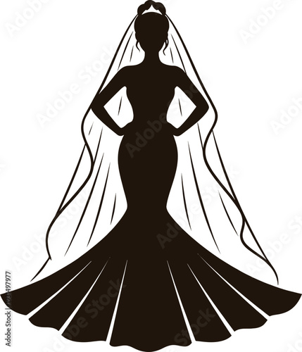 Wedding theme elegant bride silhouette in dark brown on white background