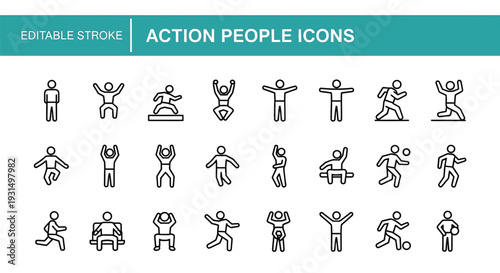 Collection of editable stroke line icons depicting various human actions and physical activities including running jumping stretching and playing sports for interface design