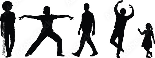 Silhouette of a diverse group of people including children and adults performing different expressive movements and walking against white background