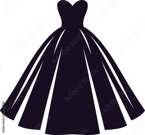 Elegant formal dress silhouette with heart-shaped bodice and full skirt on white background