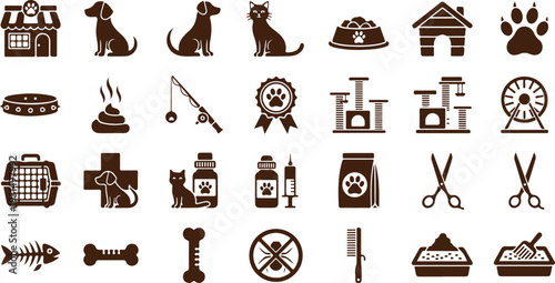 Black icons for pet care and accessories on white background