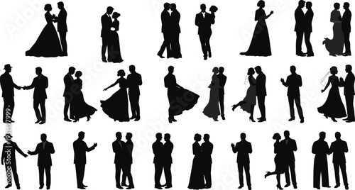 Wedding couple silhouettes, romantic partners dancing, bride and groom embrace, love poses clipart, elegant formal wear, relationship illustration
