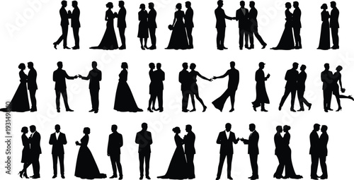 Wedding couple silhouettes, romantic partners, elegant dance pose, hugging and talking, bride and groom in love, formal event clipart