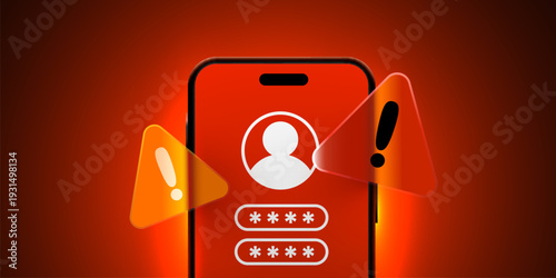 Mobile login failure with warning signs on a smartphone screen.