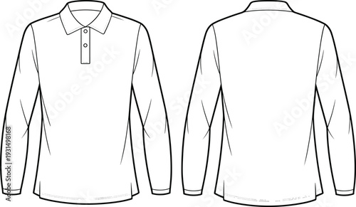 Men long sleeve polo shirt cad drawing, front and back view flat vector illustration detailed fashion apparel template