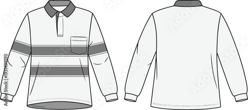 Men long sleeve striped polo shirt cad drawing, front and back view flat vector illustration detailed apparel template