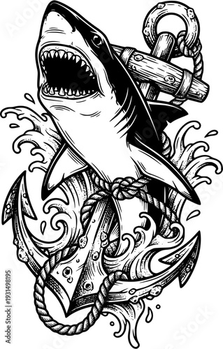 Great White Shark Breaching – Black Line Art Nautical Tattoo Vector