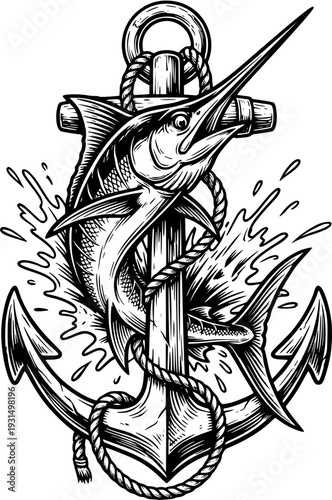 Swordfish with Anchor Splash – Black Ink Nautical Tattoo Vector