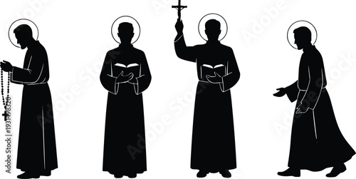 Silhouette, saint, priest, monk, halo, rosary, cross, bible, prayer, blessing, religion, spirituality, faith, worship, devotion, holy, church, sacred, Christian, illustration