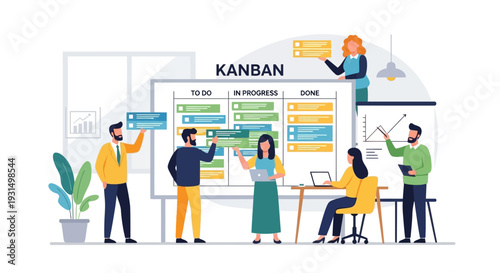 Team collaborating on project management using Kanban board in modern office environment from an overhead viewpoint