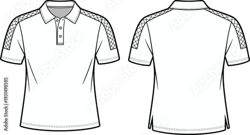 Men polo shirt cad drawing, front and back view flat vector illustration with textured shoulder panel detailed apparel template