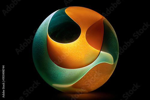 a glass sphere with an orange and green wavy pattern