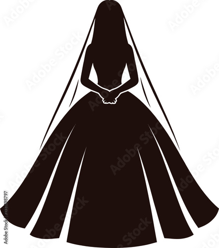 Wedding theme elegant bride silhouette in formal dress with veil on white background