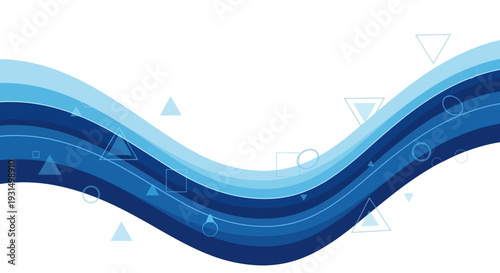 Wavy blue layers illustration with geometric shapes in a modern abstract design