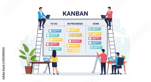 People working together on a large Kanban board, managing tasks and projects in a collaborative office environment from multiple viewpoints